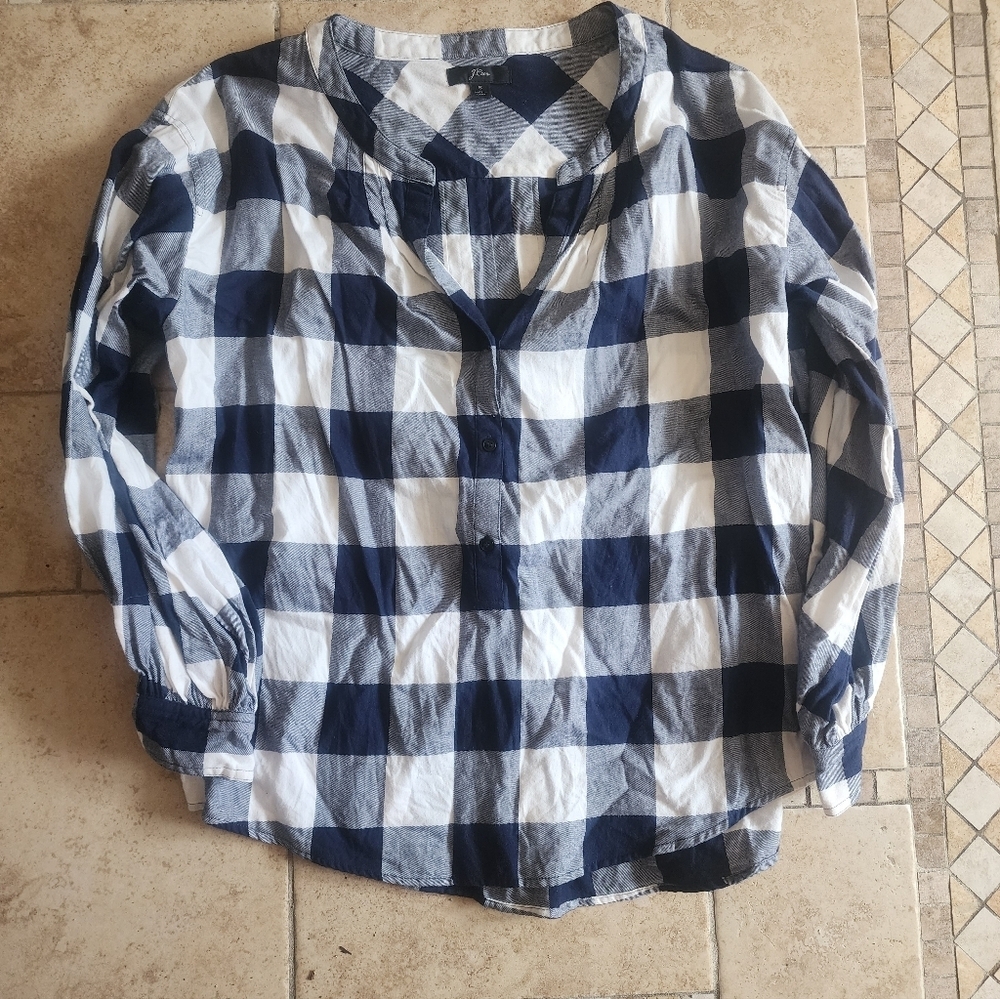 J. Crew Navy and White Checked Popover Top